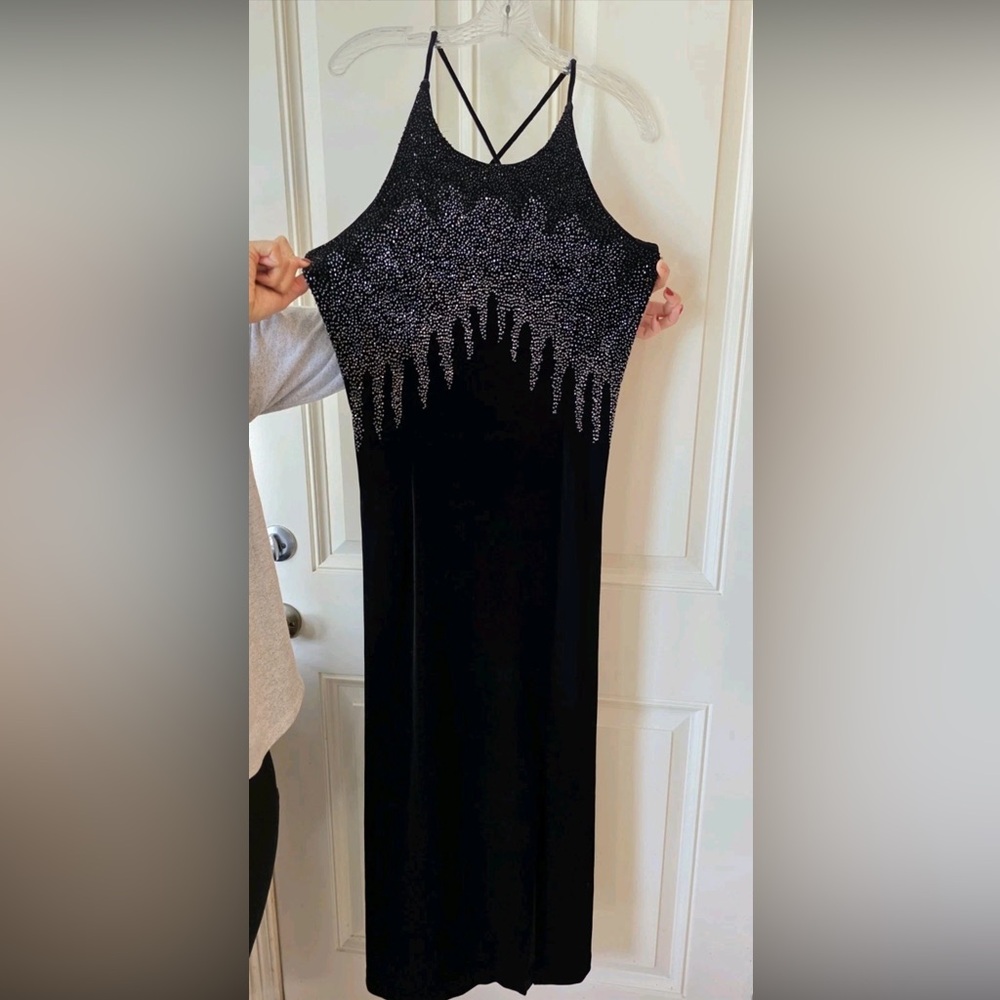 Y2K Vintage Aspeed Black Velvet Beaded Formal Gown Maxi Dress, Whimsigoth